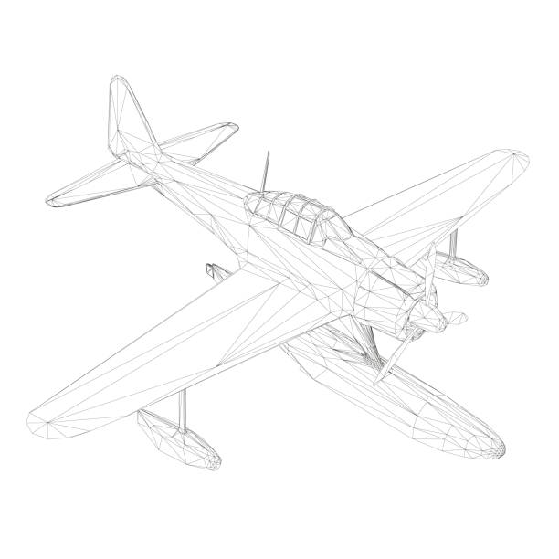 istock Wireframe of an old plane for landing and taking off from the water. Isometric view. 3D. Vector illustration 1268393465