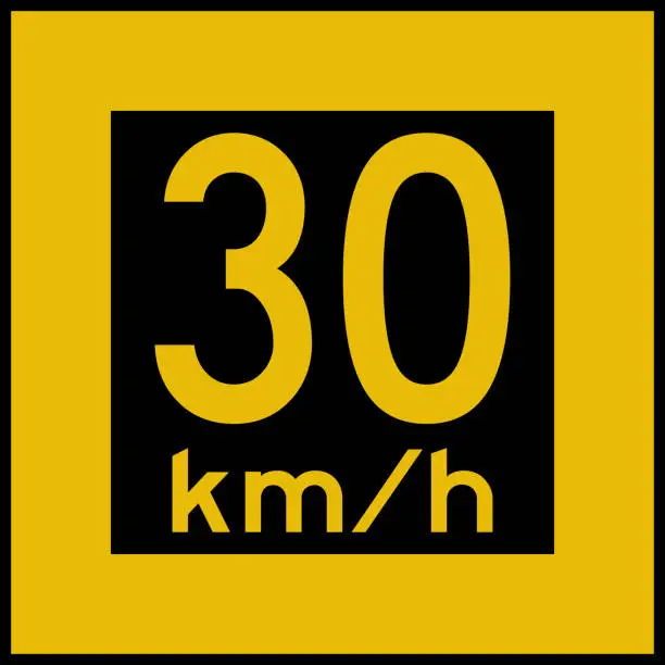 Vector illustration of 30 km/hr speed limit sign. Parking area, bridge signs.