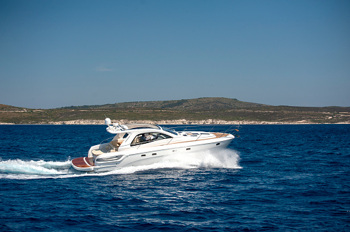 Luxury motor yacht on moving