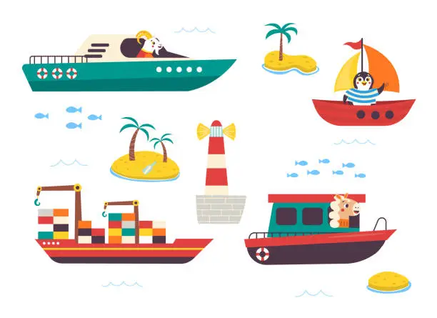 Vector illustration of Funny kids water transport set with little animals. Boat, yacht, sailboat, motorboat, container ship and lighthouse cartoon vector illustration isolated on white background