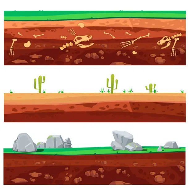 Vector illustration of Cartoon rounds layers texture. Illustration of a set of seamless grounds, soils and land foreground area with grass, snow, rock, desert and sand. Vector illustration