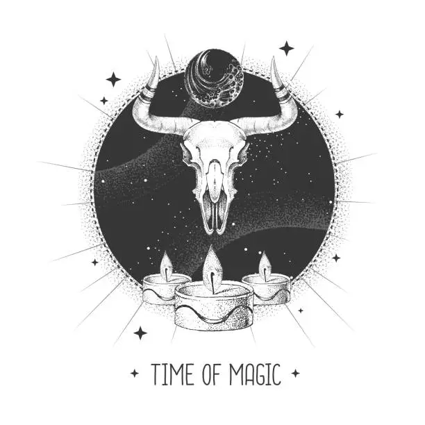 Vector illustration of Modern magic witchcraft taros card with animal skull on astrology background. Vector illustration