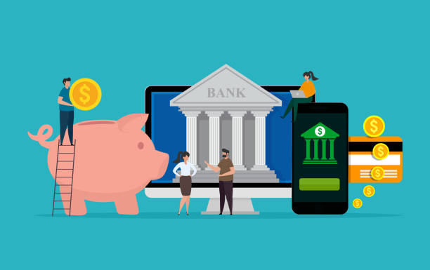 Online banking and finance concept. Bank deposit. Online banking and finance concept. Bank deposit. Characters using smartphone and laptop for internet payments. Vector illustration. bank financial building backgrounds stock illustrations
