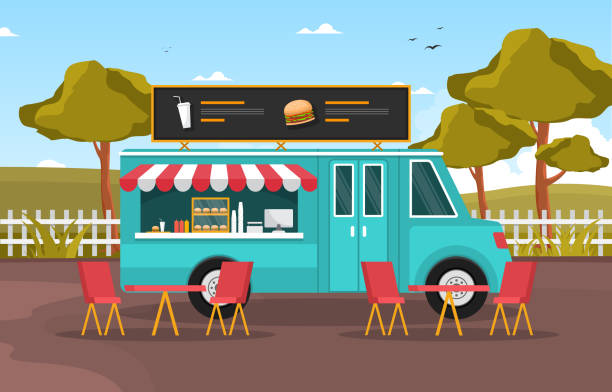 Burger Fast Food Truck Van Car Vehicle Street Shop Illustration Burger Fast Food Truck Van Car Vehicle Street Shop Illustration indonesia street stock illustrations