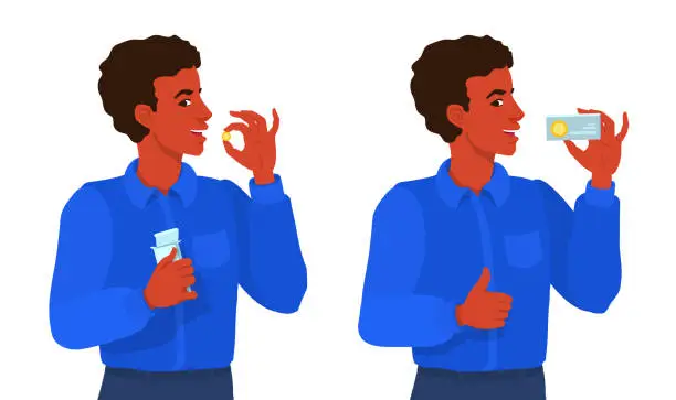 Vector illustration of A young man takes a pill, smiling, showing approving gesture thumbs up. An African American boy holds a cardboard box of pills. Ad for medical tablets, drugs. Vitamins advertising. Before and after.