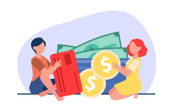 Vector illustration of Two girls sitting together and counting money