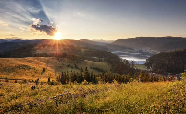 istock Landcape with sun, meadow, forest and mountain. 1268403193