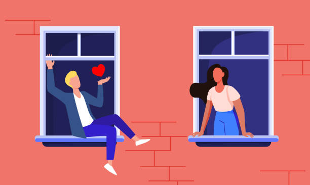 창을 통해 데이트 커플 - 돌출된 일러스트 stock illustrations