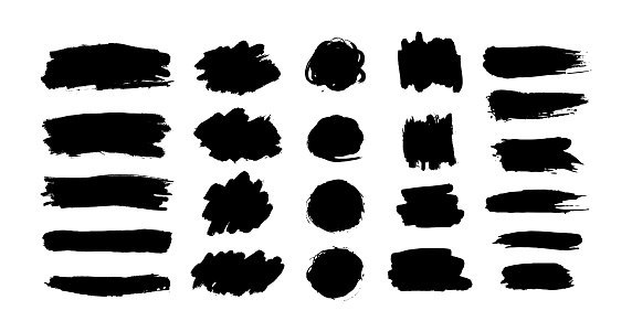Hand drawn vector ink brush strokes, black paint spot set. Dirty paint blobs and daubs artistic backgrounds. Grunge texture scribbles design element isolated on white. Stains shape and silhouettes