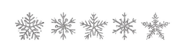 istock Silver glitter texture snowflake hand drawn icon set on white background. Shiny Christmas, New year and winter sparkling metal snow symbols for print, decoration, greeting card. Vector Illustration. 1268404615