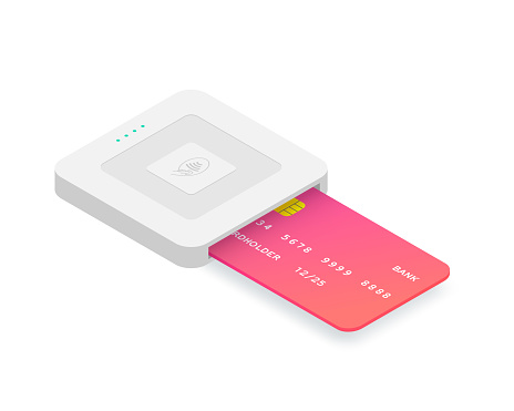 Isometric EMV chip credit card square reader. Secure cashless payment vector illustration. Wireless NFC EMV technology. Square contactless and chip reader with plastic debit card isolated on white.