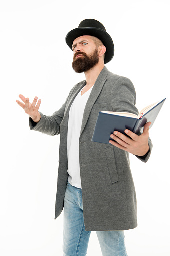 Inspired bearded man read book. Poetry reading. Book presentation. Literature teacher. Books shop. Guy classic outfit read book. Literary criticism. Recite verses. Poet or writer. Author of novel.