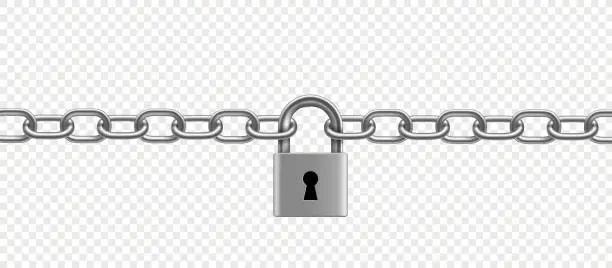 Vector illustration of Chrome plated metal chain and padlock. Vector illustration.