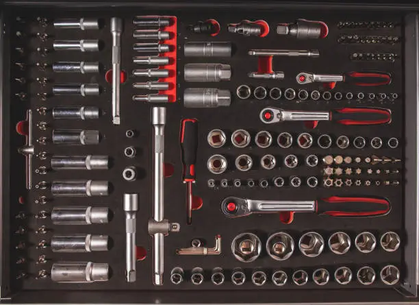 Toolkit of various tools in the box