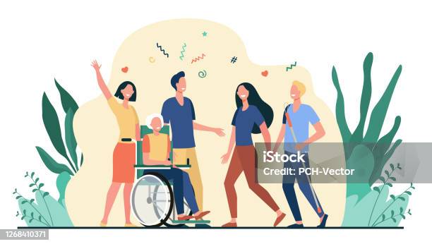 Ilustración de Ayuda Y Diversidad De Personas Discapacitadas y más Vectores Libres de Derechos de Comunidad - Comunidad, Diversidad funcional, Diversidad