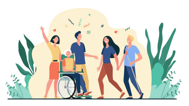 Disabled people help and diversity Disabled people help and diversity. Handicapped people with cane and in wheelchair meeting with friends or volunteers. Vector illustration for disability, assistance, diverse society concept happy people stock illustrations