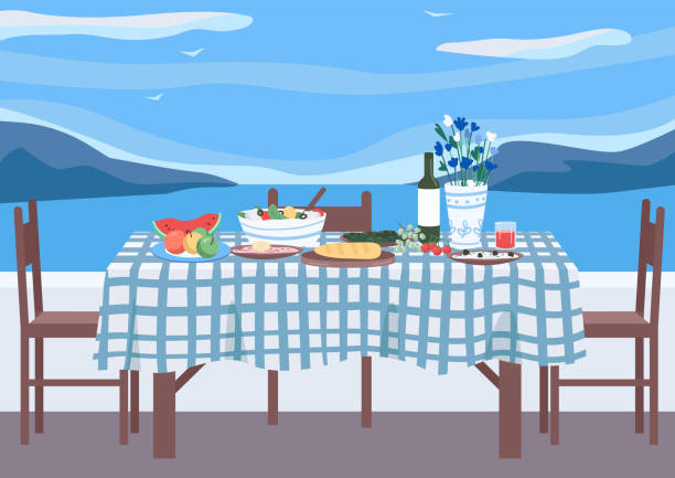 illustrations, cliparts, dessins animés et icônes de illustration grecque de vecteur de couleur plate de banquet - greek cuisine greek culture food table