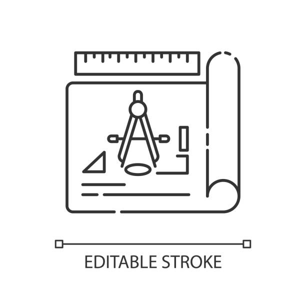 ilustraciones, imágenes clip art, dibujos animados e iconos de stock de icono lineal perfecto de píxel de dibujo - drafting