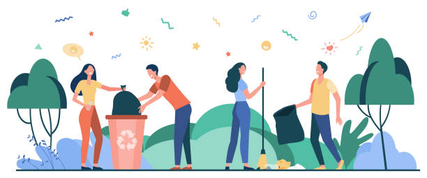 ilustrações de stock, clip art, desenhos animados e ícones de team of volunteers cleaning park from garbage - wasting time