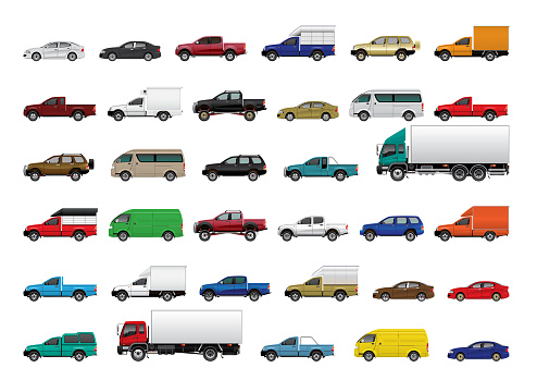 VECTOR EPS10 - set of car in different type and color, pickup, van, truck, side view isolated on white background.