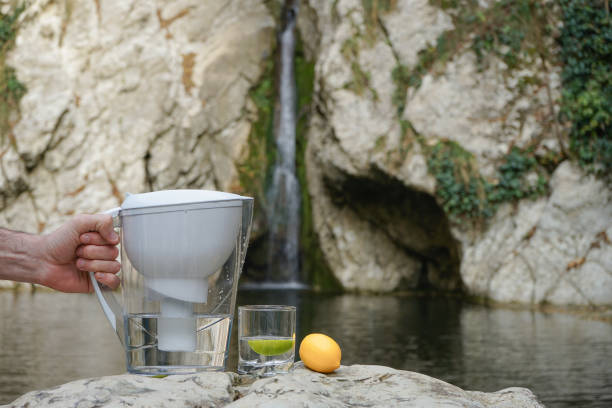 istock Hand holding a water filter jug. Alkaline water pitcher. Water purification pitcher with lemon slices on the background of a mountain stream 1268411484