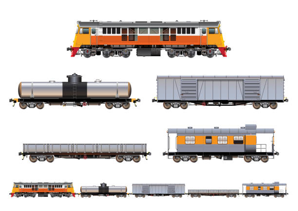 train set 02 VECTOR EPS10 - set of freight train, diesel-electric locomotive, tank car, box car, gondola and caboose, isolated on white background. rail car stock illustrations