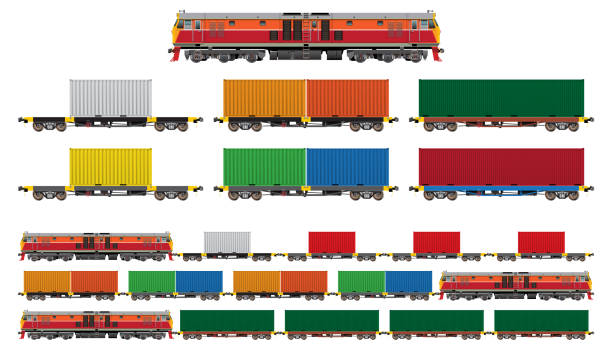 set train 03 VECTOR EPS10 - set of freight train, diesel-electric locomotive,
flatbed car with 20-40 feet container in various color, isolated on white background. freight train stock illustrations