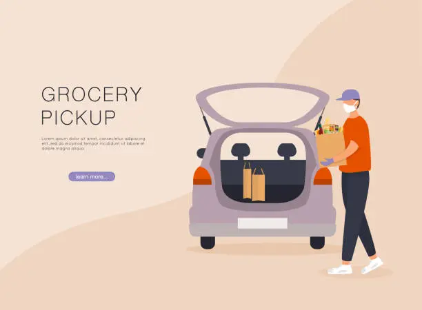 Vector illustration of Order groceries online. Pick up point in food supermarket. Safe shopping.