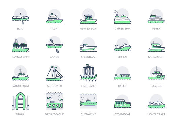 statek, ikony linii łodzi. ilustracja wektorowa zawierała ikonę jak jacht, rejs, transport ładunków, okręt podwodny, prom, kajak, piktogram zarysu szkunera do transportu wodnego. zielony kolor, edytowalny obrys - łódź z napędem odrzutowym stock illustrations