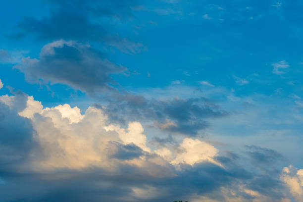 Panorama of white and grey clouds in a blue sunlit bright sky in summer, Almere, Flevoland, The Netherlands, August 20, 2020