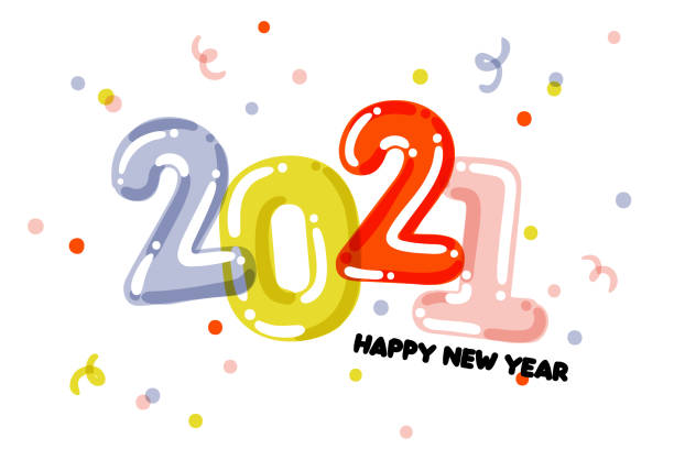 ilustrações de stock, clip art, desenhos animados e ícones de cute new year design with hand drawn multicolored numbers 2021 and scattered confetti on white background. cool and festive vector illustration for greeting card, holiday calendar or web site page - 0 1 year