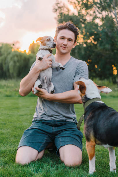 istock Man playing  with dogs while sitting on grass 1268423101