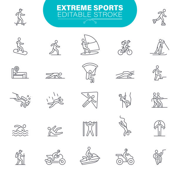 익스트림 스포츠 아이콘 편집 가능한 스트로크 - skateboarding skateboard extreme sports sport stock illustrations