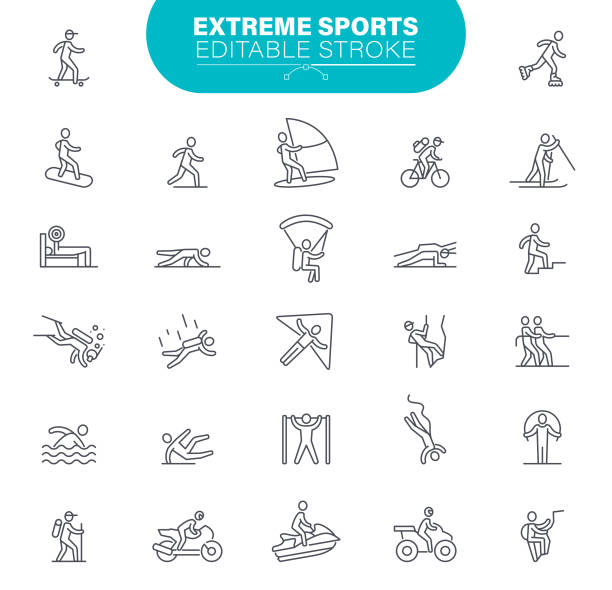 Extreme Sport Icons Editable Stroke Skydiving, Parachuting, Snow Skiing, Adventure, Sport, Climbing, Off-Road Vehicle, Editable Line Icon Set extreme sports stock illustrations