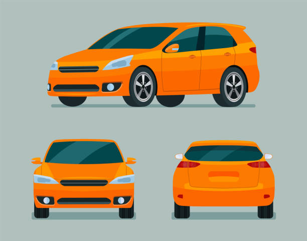 ilustraciones, imágenes clip art, dibujos animados e iconos de stock de naranja hatchback coche tres ángulos conjunto. coche con vista lateral, trasera y delantera. ilustración de estilo plano vectorial. - coche pequeño