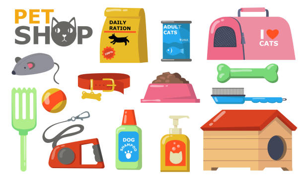 illustrazioni stock, clip art, cartoni animati e icone di tendenza di animali domestici fornisce bagnato - domestic cat bag shopping gift