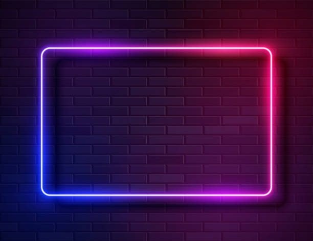 ilustraciones, imágenes clip art, dibujos animados e iconos de stock de marco rectangular brillante de neón para banner en dark empty grunge brick background - color neón