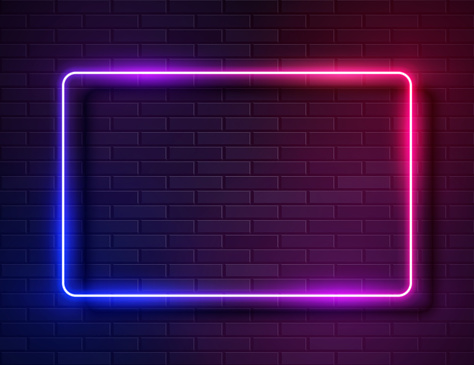 Futuristic Sci Fi Modern Neon Iridescent Glowing Rectangle Frame for Banner on Dark Empty Grunge Concrete Brick Background. Vector Vintage Purple Pink Blue Colored Lights. Retro Neon Sign