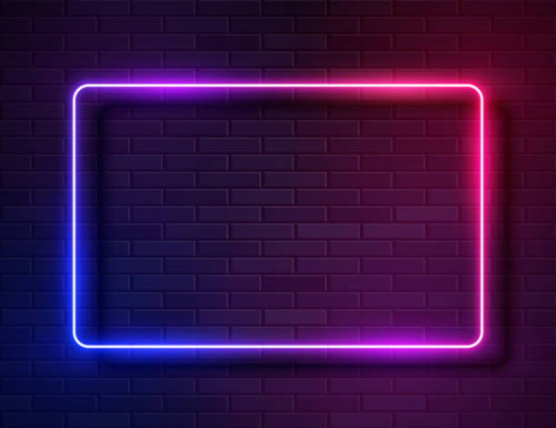 Neon Glowing Rectangle Frame for Banner on Dark Empty Grunge Brick Background Futuristic Sci Fi Modern Neon Iridescent Glowing Rectangle Frame for Banner on Dark Empty Grunge Concrete Brick Background. Vector Vintage Purple Pink Blue Colored Lights. Retro Neon Sign fluorescent stock illustrations