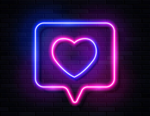 Neon Gradient Glowing Heart in Spech Bubble Banner on Dark Empty Grunge Brick Background. Neon Gradient Glowing Heart in Spech Bubble Banner on Dark Empty Grunge Brick Background. Vector Vintage Pink and Blue Heart Like Sign. Retro Neon Valentines Day Symbol glow in the dark hearts background stock illustrations