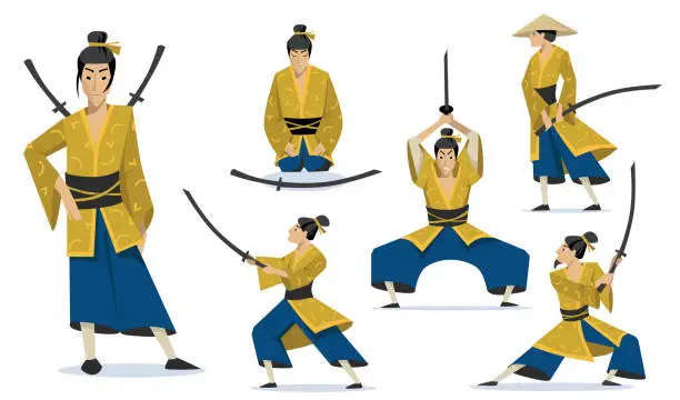 Vector illustration of Samurai in different poses set