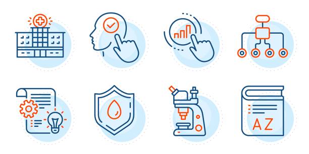 Graph chart, Blood donation and Vocabulary icons set. Microscope, Hospital building and Select user signs. Vector Microscope, Hospital building and Select user signs. Graph chart, Blood donation and Vocabulary line icons set. Restructuring, Cogwheel symbols. Get report, Medicine analyze. Science set. Vector laboratory technician icon stock illustrations