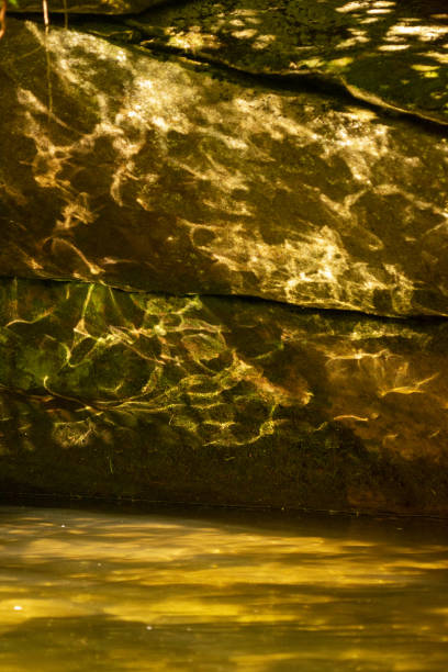 Reflected sunlight on rock face at edge of creek. Nikon D750 with Nikon 200mm macro lens.