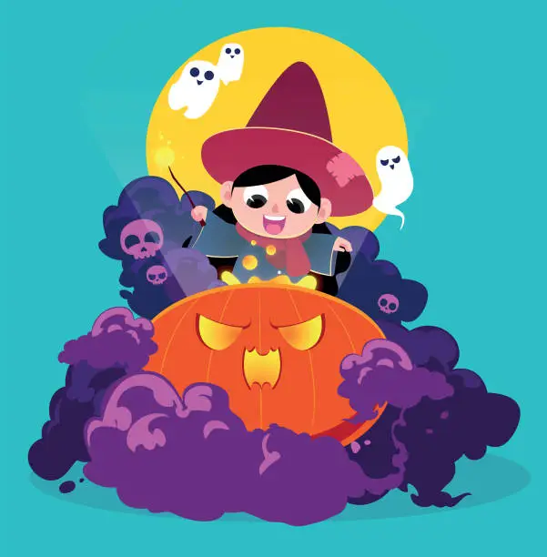 Vector illustration of Witch up to mischief on Halloween night cartoon illustration