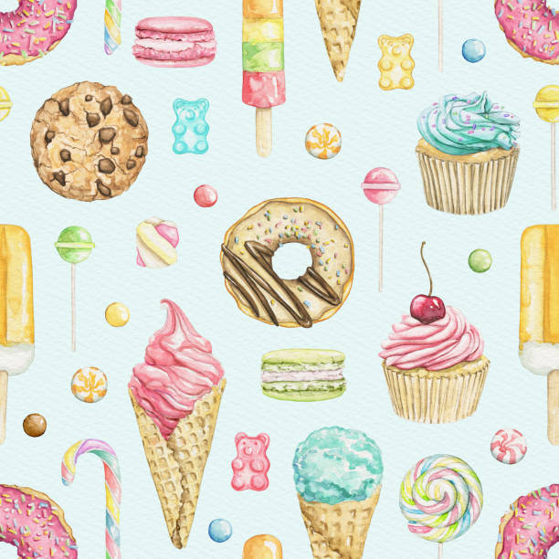 illustrazioni stock, clip art, cartoni animati e icone di tendenza di motivo senza cuciture ad acquerello con vari dolci luminosi su sfondo blu - donut cupcake meal backdrop