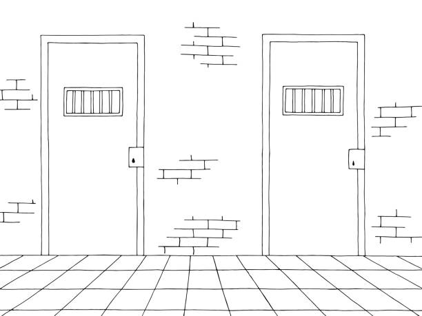 감옥 복도 내부 그래픽 블랙 화이트 스케치 일러스트 벡터 - prison architecture black white stock illustrations