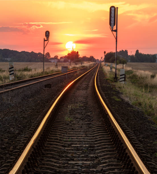 słońce zachodzi nad torami kolejowymi - locomotive train night vertical zdjęcia i obrazy z banku zdjęć
