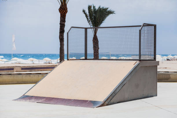 istock Empty skate park ramp outdoor in seaside beach 1268431202