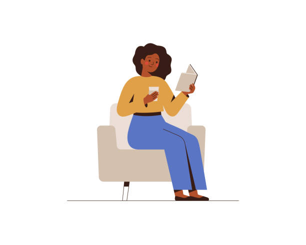 African American woman reads the book in office or home. African American woman reads the book in office or home. Black female is drinking coffee and planning her day. Vector illustration isolated on white. reading stock illustrations