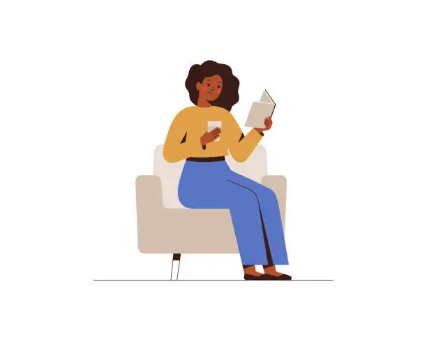 Vector illustration of African American woman reads the book in office or home.